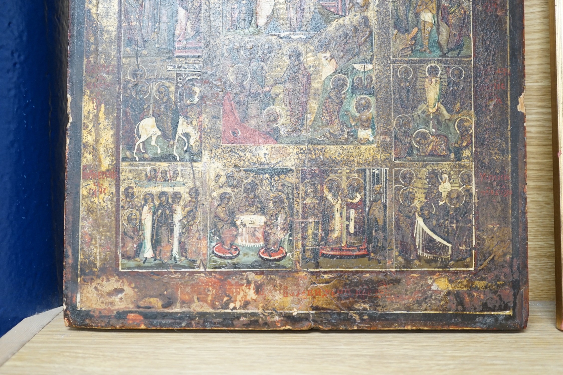 19th century Eastern European School, tempera on wooden panel, Icon with scenes from the Life of Christ, 35 x 30cm